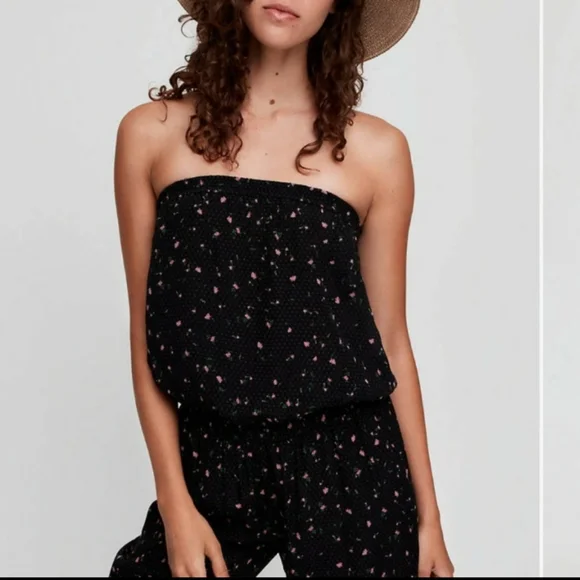 Aritzia Sunday Best Taggie Black Jumpsuit S Roses Floral Pull On Strapless - Picture 4 of 15
